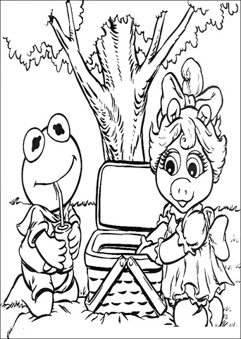 Baby Kermit and Miss Piggy on a Picnic Coloring page