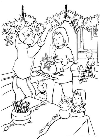 Family Decorates House  Coloring page