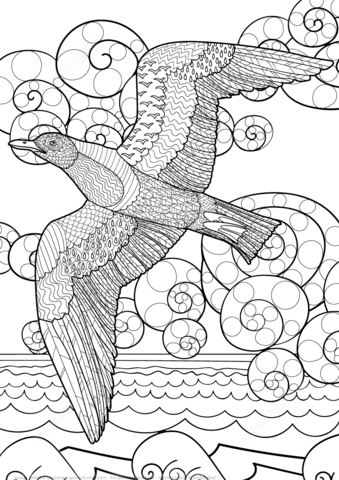 Flying Seagull and Ocean Zentangle Coloring page