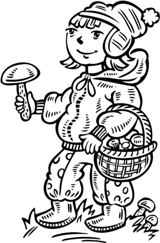 Girl Collecting Mushrooms Coloring page