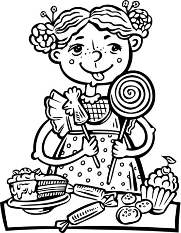 Girl Eating a Lot of Candy and Snacks Coloring page