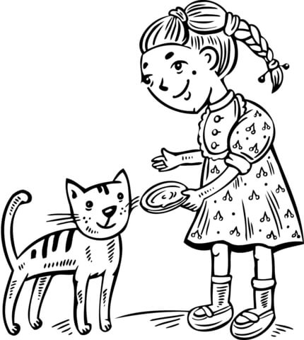 Girl Feeding Her Cat Coloring page