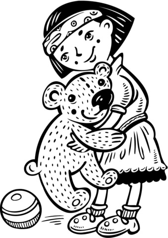 Girl Holding Her Big Teddy Bear Coloring page