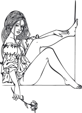 Girl in a Window Holding a Flower Coloring page