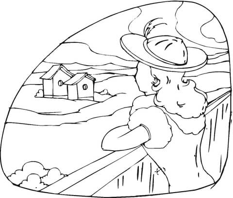 Girl Is Looking at a Country House  Coloring page