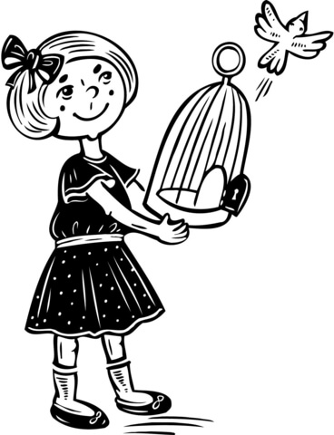 Girl Letting Her Bird Fly Free Coloring page