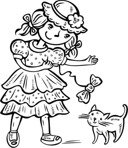 Girl Playing with Her Kitten Coloring page