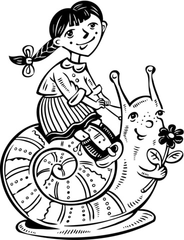 Girl Riding a Snail Coloring page