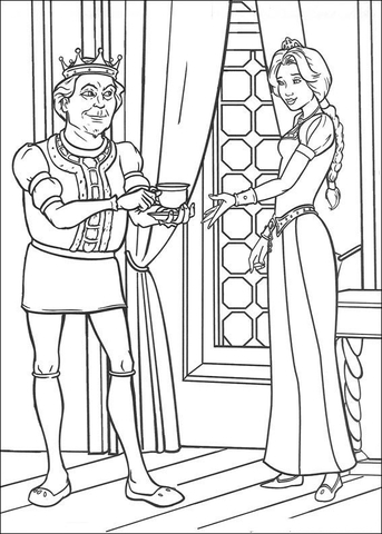 King is giving a cup of tea to Fiona Princess Coloring page