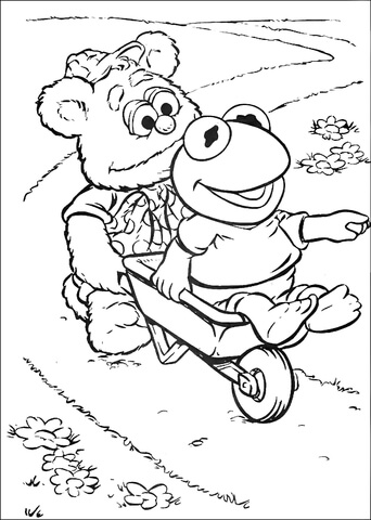 Baby Fozzie and Baby Kermit in a cart Coloring page