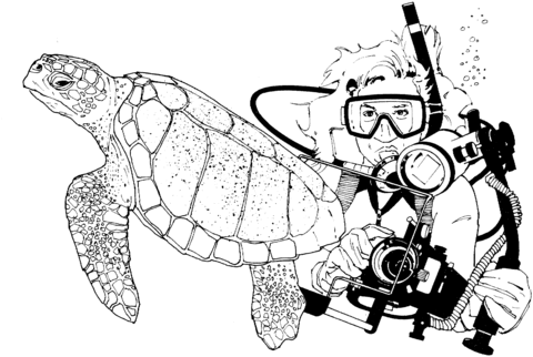 Green Sea Turtle and Scuba Diver Coloring page