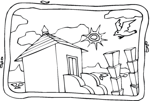 Seagull above the town Coloring page