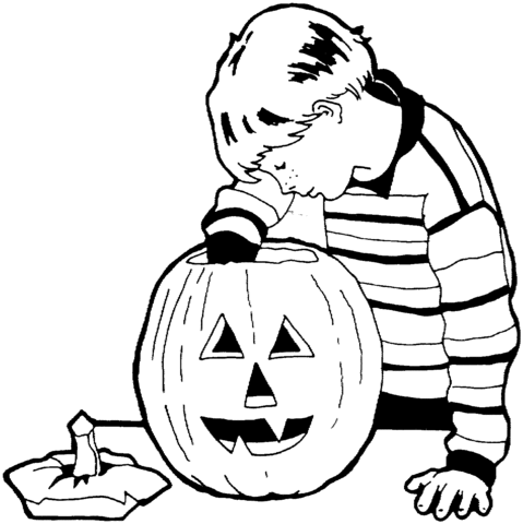 Little boy is carving the pumpkin Coloring page