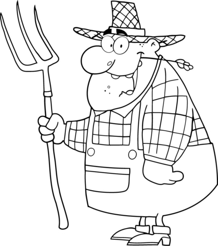 Happy Farmer Man Carrying a pitchfork Coloring page