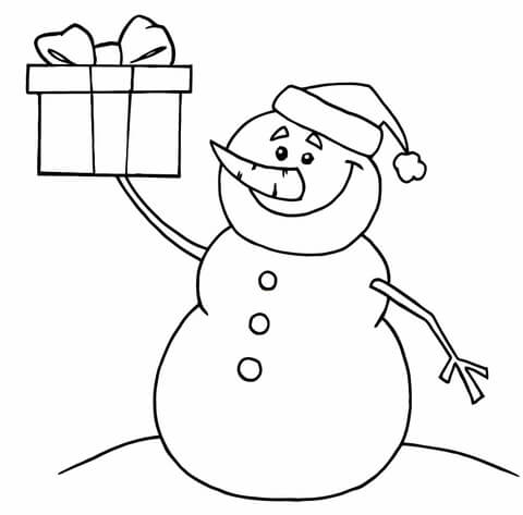 Happy Snowman Holding up a Christmas Present Coloring page