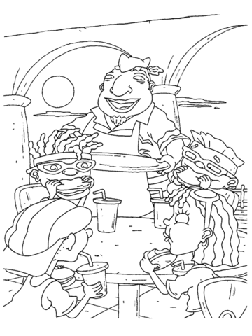 Tito Makani, Reggie Rocket, Twister Rodriguez, Sammy Dullard are having lunch Coloring page