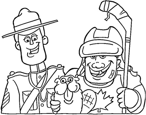 Canadian symbols: mounted police, beaver and hockey Coloring page
