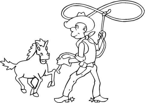 Cowboy catching the horse with lasso Coloring page