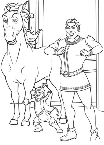 Horse, Shrek and Puss in the royal palace Coloring page