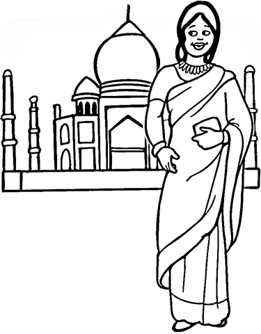 Indian woman and Taj Mahal  Coloring page