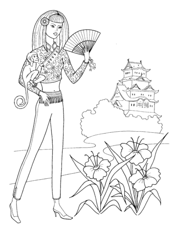 Japanese Girl with Fan  Coloring page