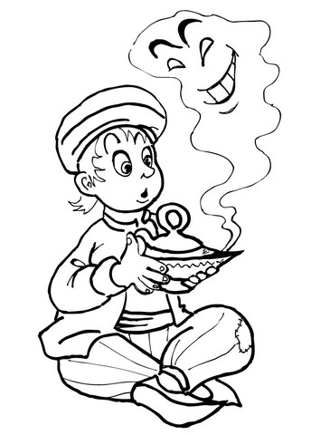 Aladdin kid and the Genie Coloring page