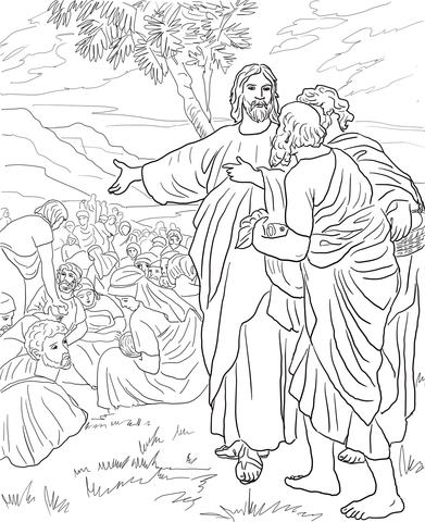 Jesus Feeds the Multitude with Fish and Bread Coloring page