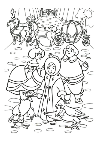 The Princess, the Prince, the crow, the tame crow and Gerda  Coloring page