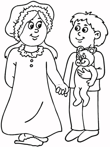 Mom and son in Pajamas  Coloring page