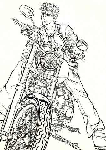 Grimmjow Jaegerjaquez on motorbike Harley Davidson from Manga Bleach Coloring page