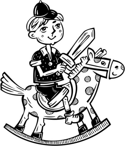 Little Boy Playing on His Rocking Horse Coloring page