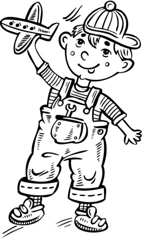 Little Boy Playing with a Toy Plane Coloring page