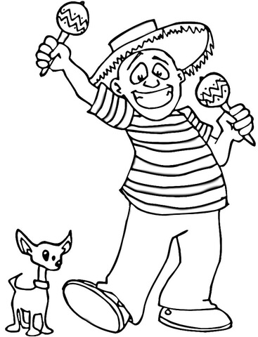 Latino playing maracas with a little dog  Coloring page