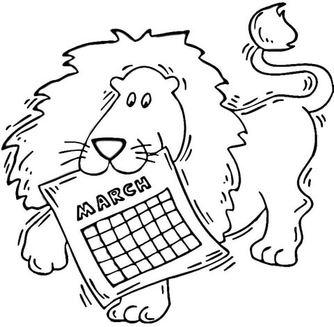 Lion holding a calendar March Coloring page