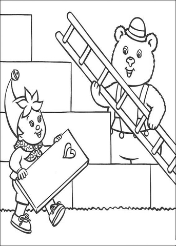 Master Tubby Bear And Noddy make repaires. They bring a ladder and a window shutter with a heart pattern on it.  Coloring page