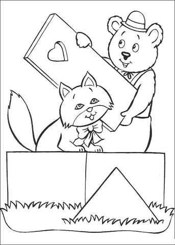 Miss Pink Cat and Master Tubby Bear who brings the window shutter Coloring page