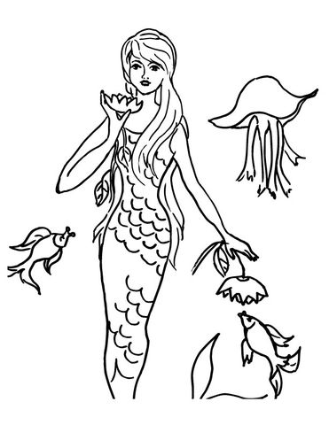 Mermaid and Sea Creatures Coloring page