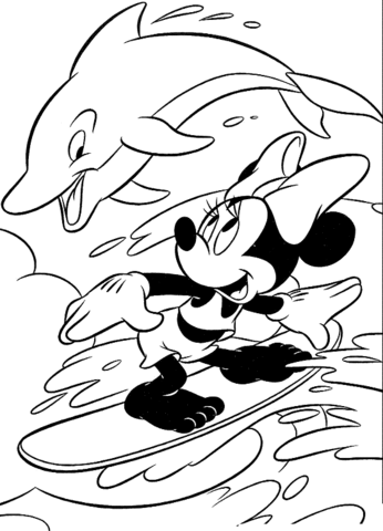 Minnie Mouse Surfing and Dolphin Jumping Over Coloring page