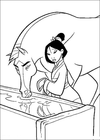 Fa Mulan Gives The Horse Water  Coloring page