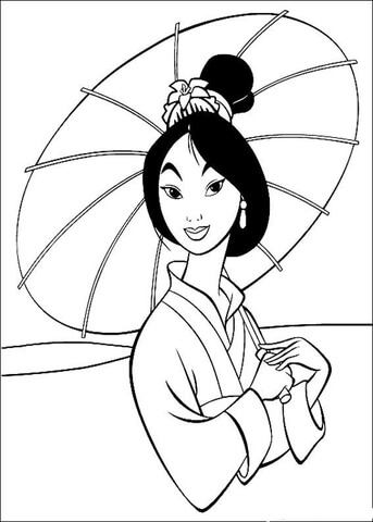 Fa Mulan Holds An Umbrella  Coloring page