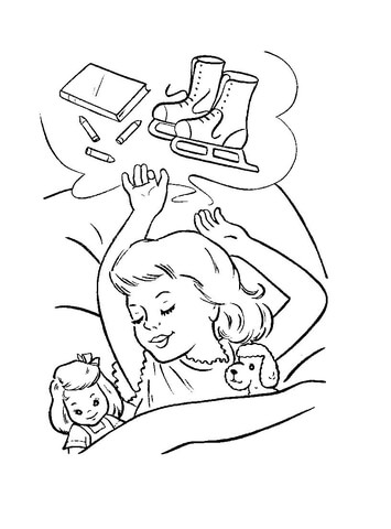 Little girl is dreaming about Christmas presents Coloring page