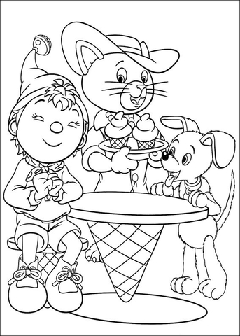 Noddy, Bumpy dog and a cat are about to enjoy ice-cream Coloring page