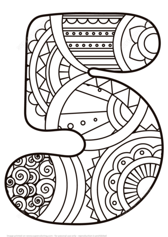 Number 5 Zentangle Coloring page