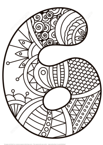 Number 6 Zentangle Coloring page