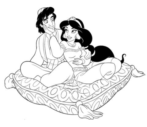 Jasmine and Aladdin on a pillow  Coloring page