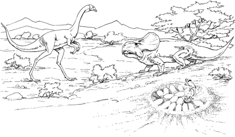 Oviraptor Approaching Protoceratops Nest with Eggs Coloring page