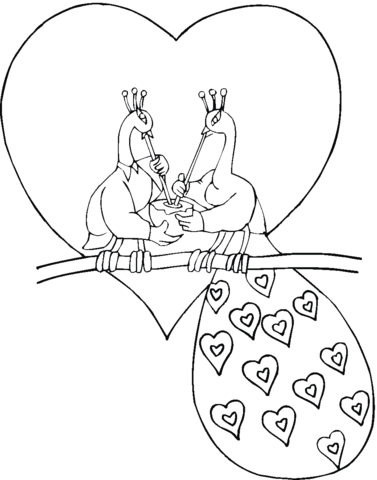 Peacock and peahen in love Coloring page