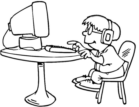 A little boy is playing on the computer Coloring page