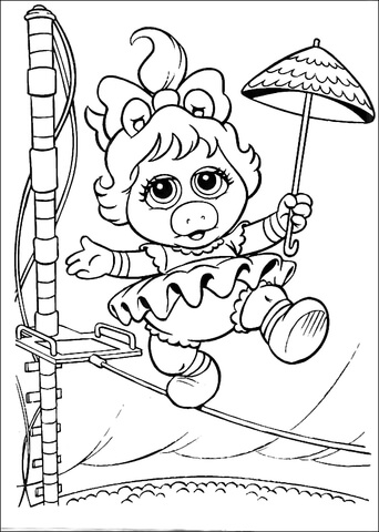 Baby Miss Piggy is walking on a rope Coloring page