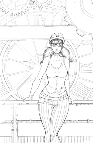 Steampunk Pin-up Girl behind a giant clock Coloring page